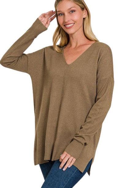 Zenana Plus Long Sleeve V Neck Tunic Sweater H MOCHA 2X 3X Sweaters