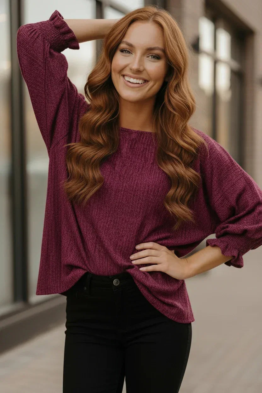 Fantastic Fawn Fuchsia Sparkle Oversized Puff Sleeve Blouse - DAVERRI FASHIONS