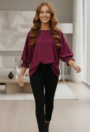 Fantastic Fawn Fuchsia Sparkle Oversized Puff Sleeve Blouse - DAVERRI FASHIONS