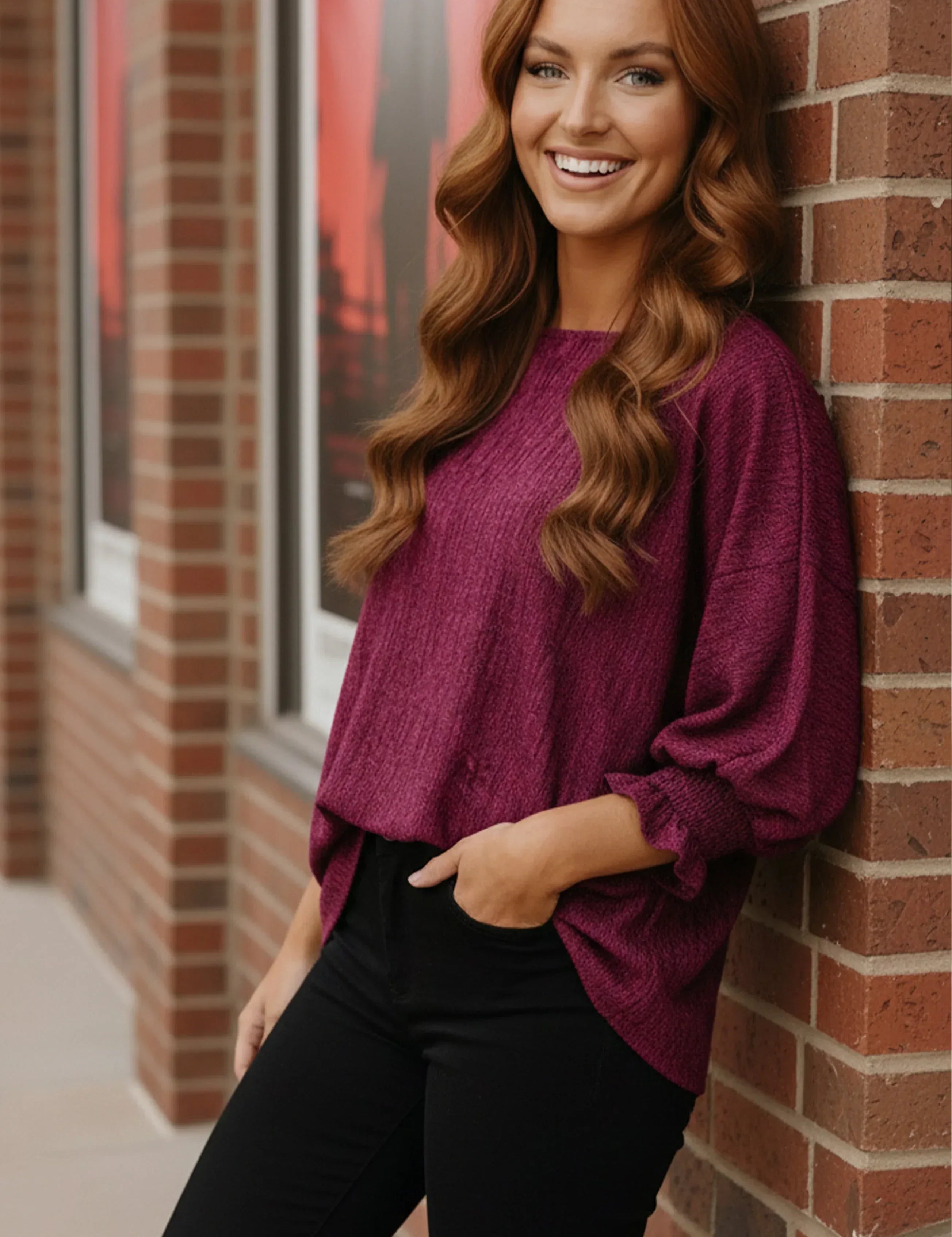 Fantastic Fawn Fuchsia Sparkle Oversized Puff Sleeve Blouse - DAVERRI FASHIONS