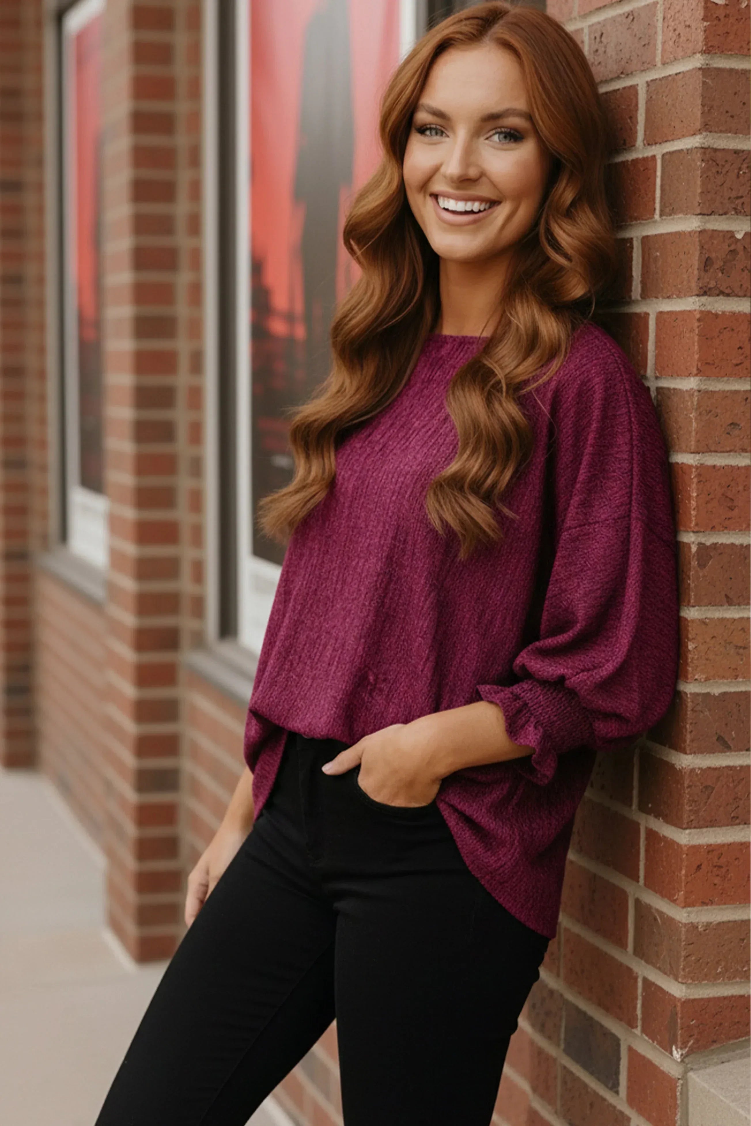 Fantastic Fawn Fuchsia Sparkle Oversized Puff Sleeve Blouse - DAVERRI FASHIONS