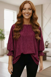 Fantastic Fawn Fuchsia Sparkle Oversized Puff Sleeve Blouse - DAVERRI FASHIONS