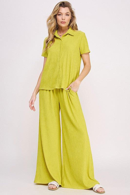 PLUS TEXTURED SHORT SLV BUTTON DOWN/WIDE PANTS SET Lime Outfit Sets