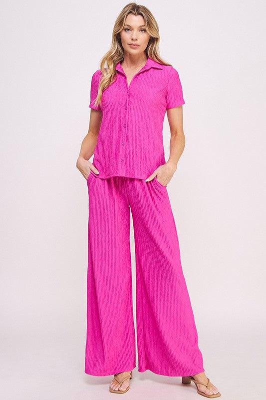 PLUS TEXTURED SHORT SLV BUTTON DOWN/WIDE PANTS SET FUCHSIA Outfit Sets