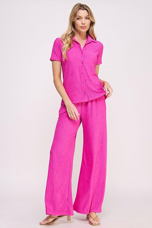 PLUS TEXTURED SHORT SLV BUTTON DOWN/WIDE PANTS SET Outfit Sets