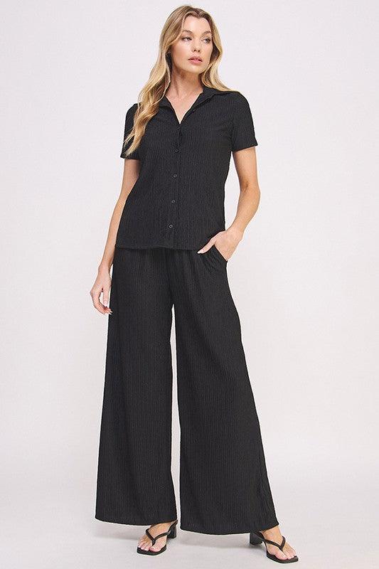 PLUS TEXTURED SHORT SLV BUTTON DOWN/WIDE PANTS SET BLACK Outfit Sets