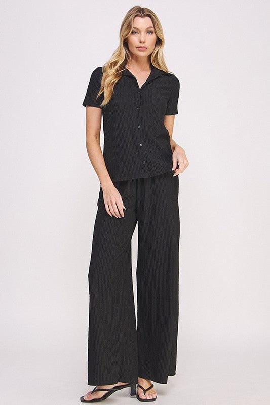 PLUS TEXTURED SHORT SLV BUTTON DOWN/WIDE PANTS SET Outfit Sets