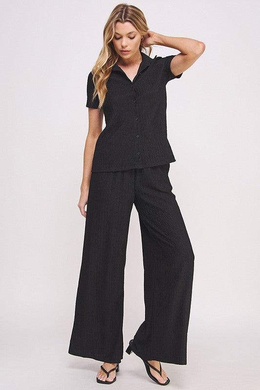 PLUS TEXTURED SHORT SLV BUTTON DOWN/WIDE PANTS SET Outfit Sets