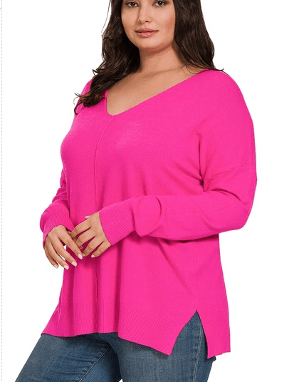 Zenana Plus Size Lightweight Side Slit Sweater Hot Neon Pink Sweaters