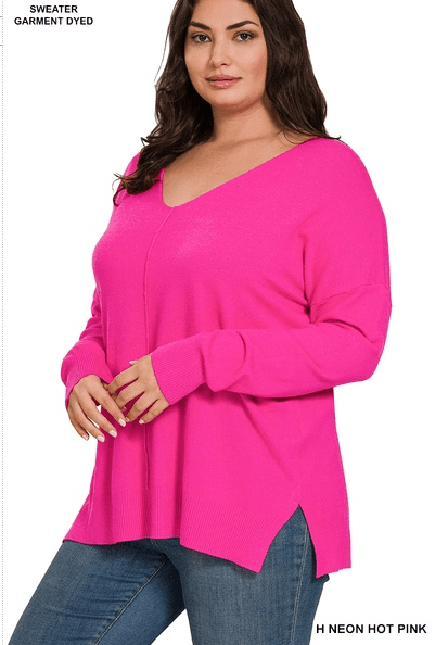 Zenana Plus Size Lightweight Side Slit Sweater Hot Neon Pink Sweaters