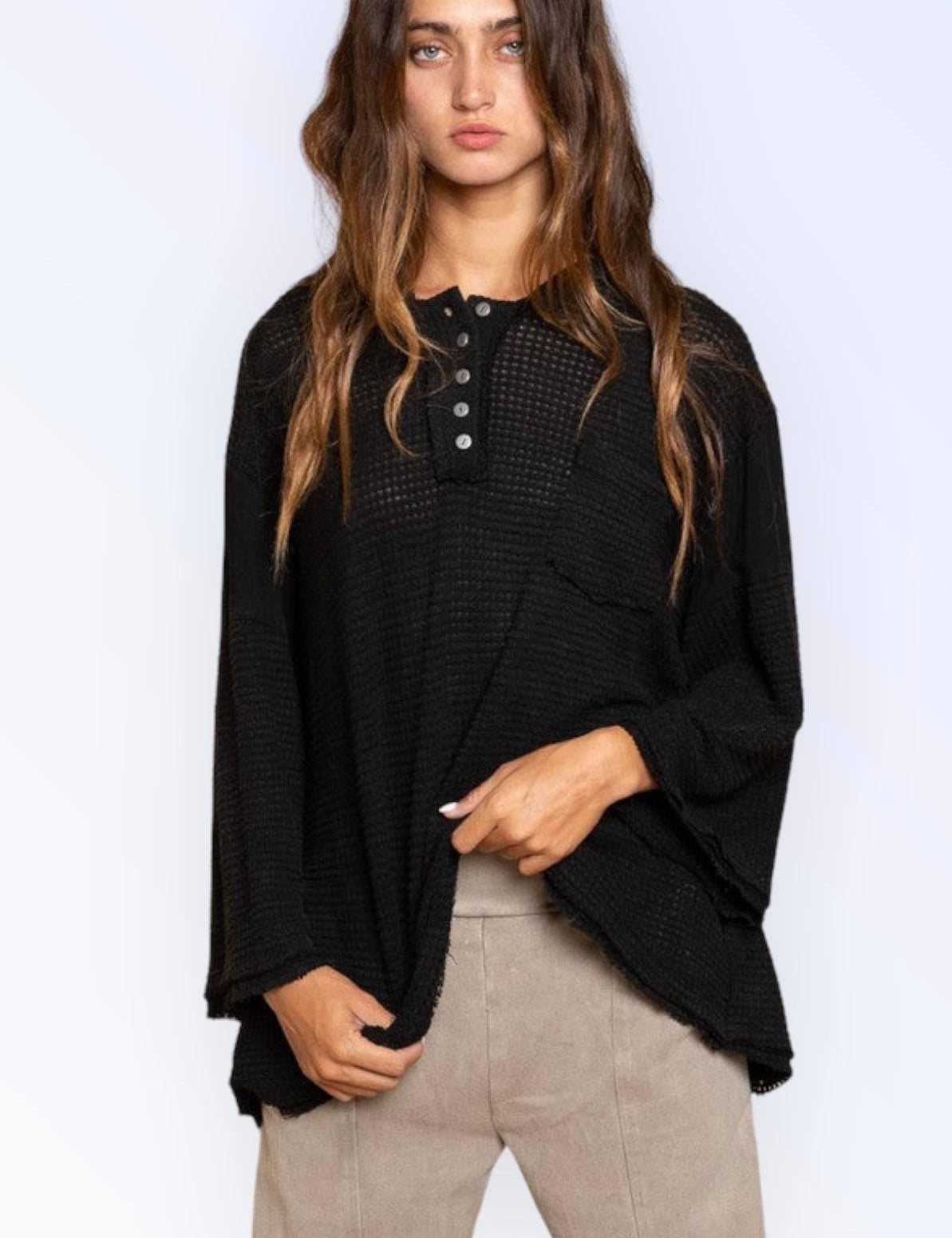 Distressed hem hoodie waffle top BLACK L Shirts & Tops