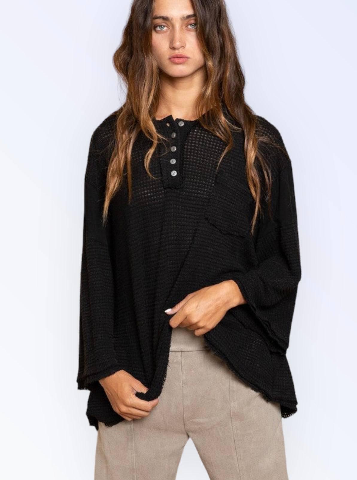 Distressed hem hoodie waffle top BLACK L Shirts & Tops