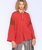 Distressed hem hoodie waffle top CHERRY RED Shirts & Tops