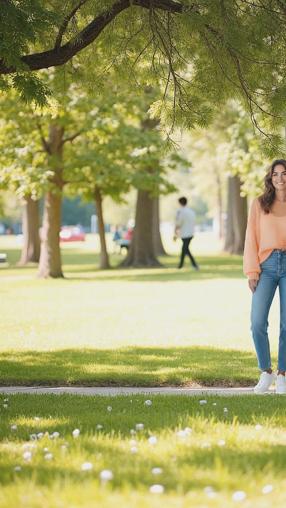 Video of a woman walking in a loose fit sweater
