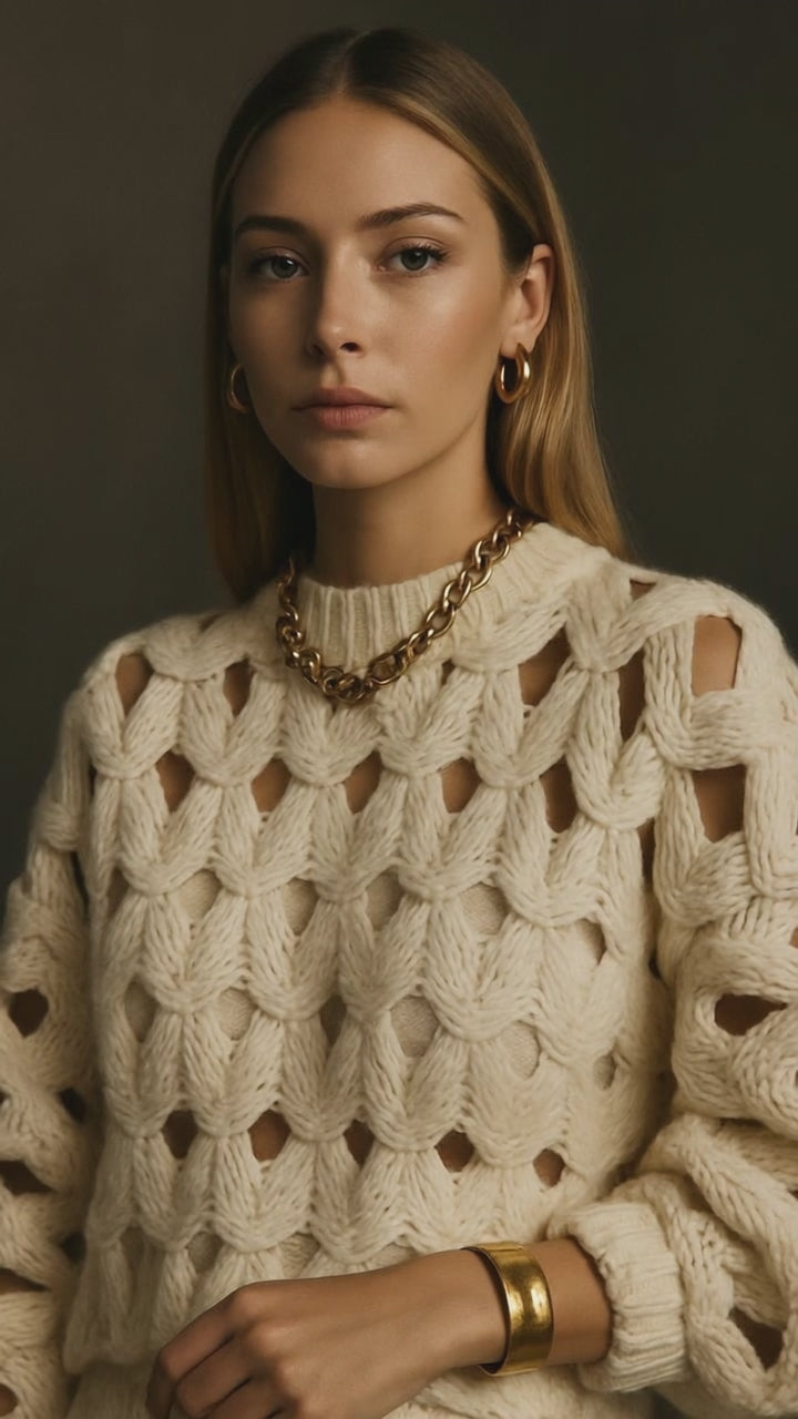 Soft Crewneck Long Sleeve Crochet Knit Oversized Sweater