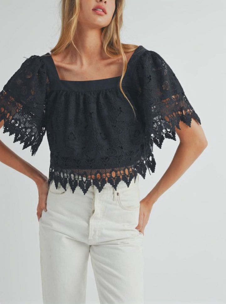 MABLE Square Neck Crochet Lace Top With Double Bow Tie