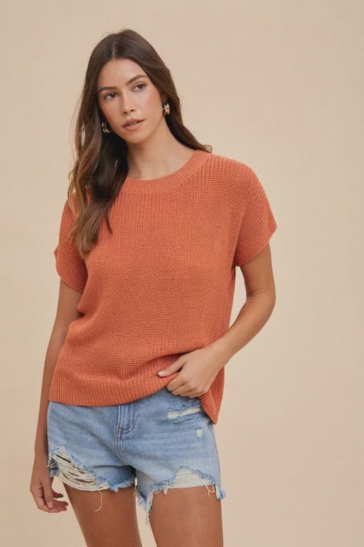 Annie Wear Round Neck Short Sleeve Sweater Terracota
