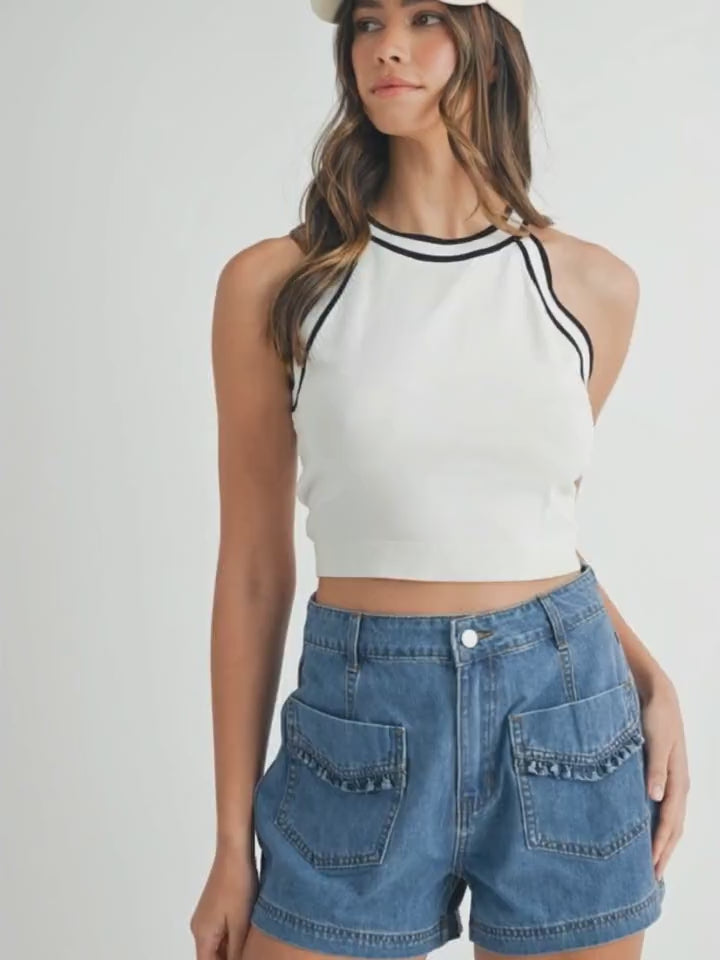 MABLE Contrast Trim Grecian Neck Cropped Tank