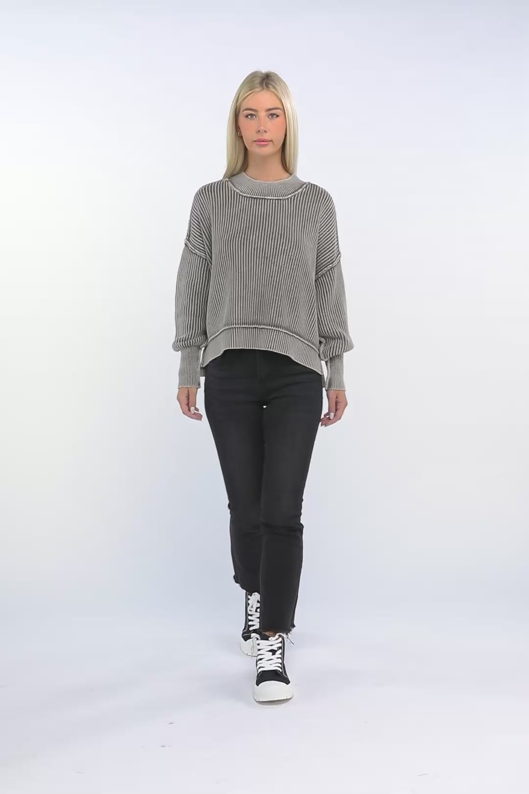 Washed Side Slit Oversized Cropped Cotton Sweater