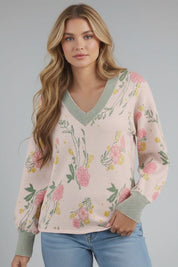 Floral Pattern Striped V Neck Loose Sweater