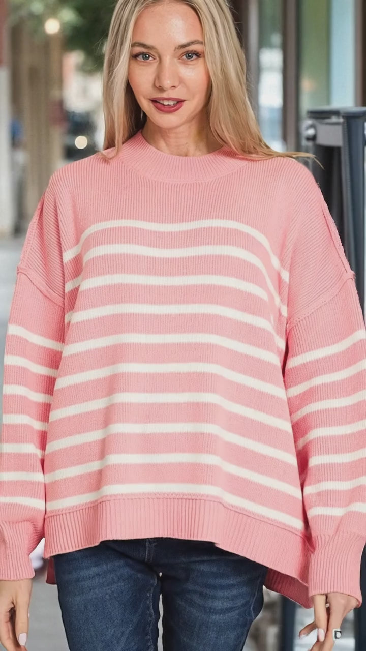 Zenana Exposed Seam Striped Oversized Sweater Pink