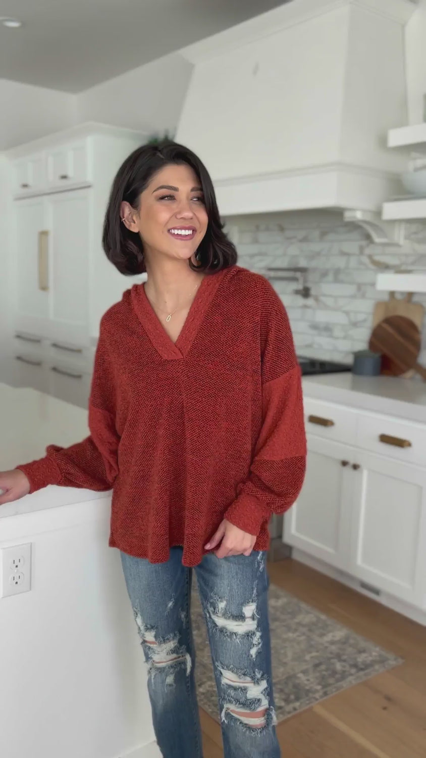 Video of a models posing in a Haptics color block hoodie top-best seller