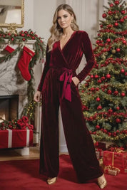 Daverri Fashions Tie Waist Long Sleeve Wide Leg Jumpsuit