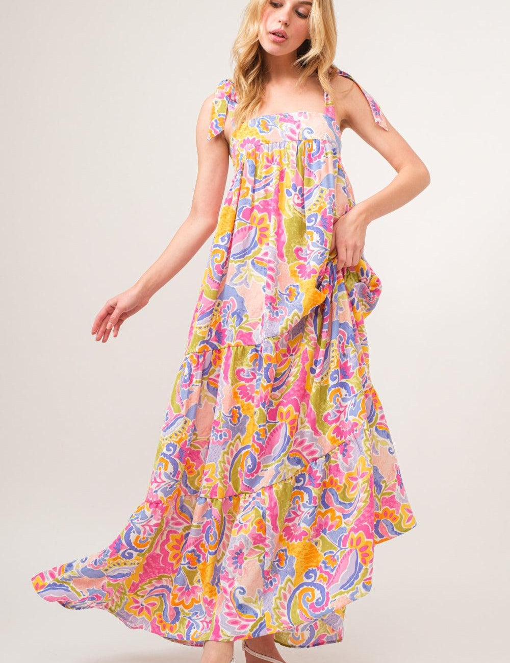 Printed Tie Shoulder Tiered Maxi Dress Maxi Dresses