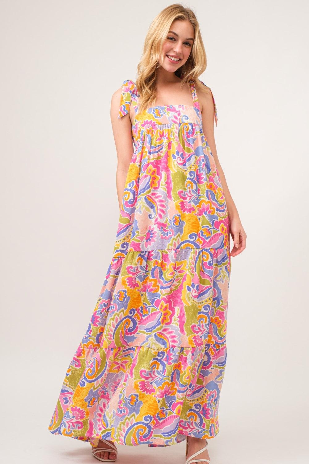 Printed Tie Shoulder Tiered Maxi Dress Maxi Dresses