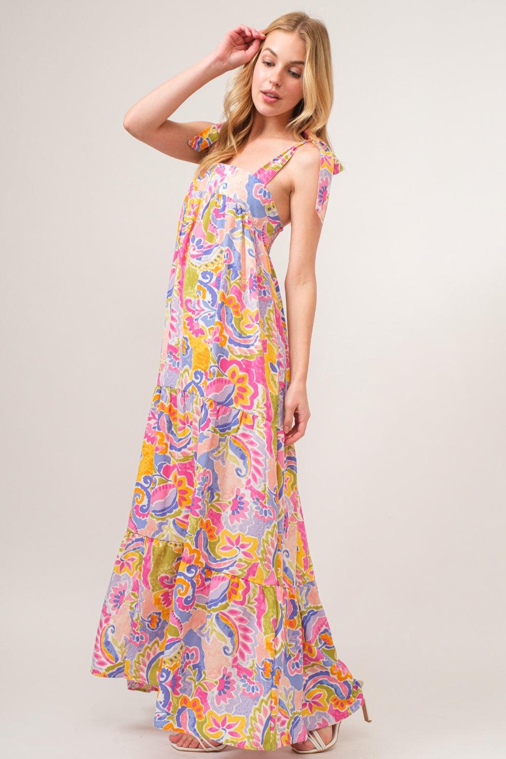 Printed Tie Shoulder Tiered Maxi Dress Multicolor L Maxi Dresses