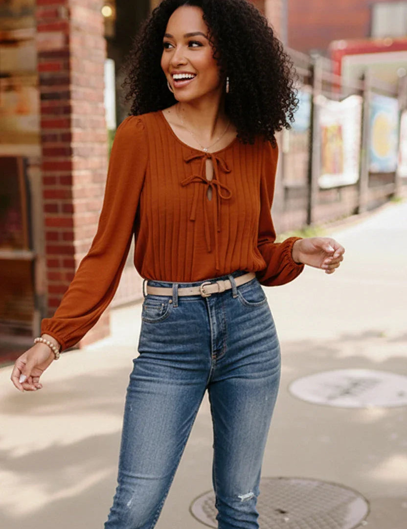 Copper Charm Pleated Blouse | Daverri Fashions