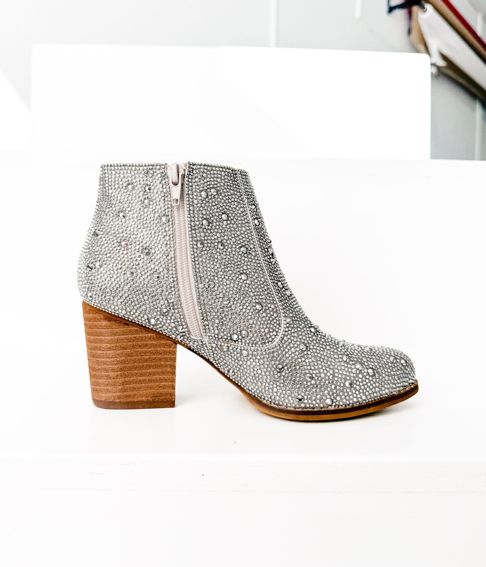 Silver Shine Star rhinestone bootie with wooden block heel