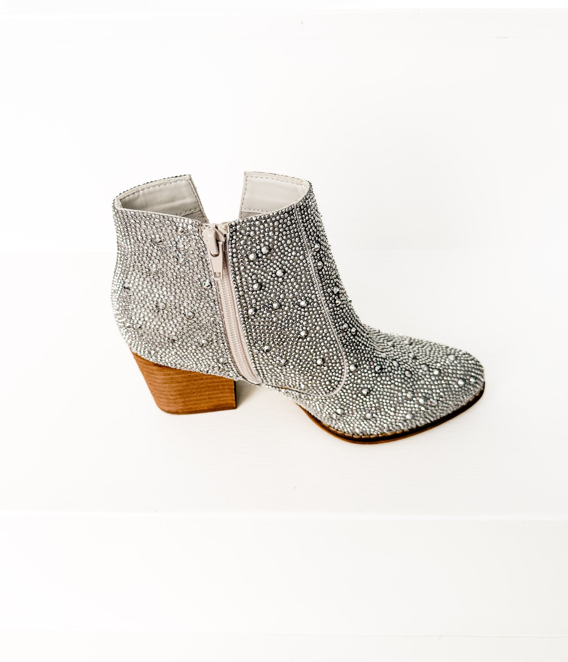 Shine Star silver rhinestone bootie with studded upper and wooden block heel