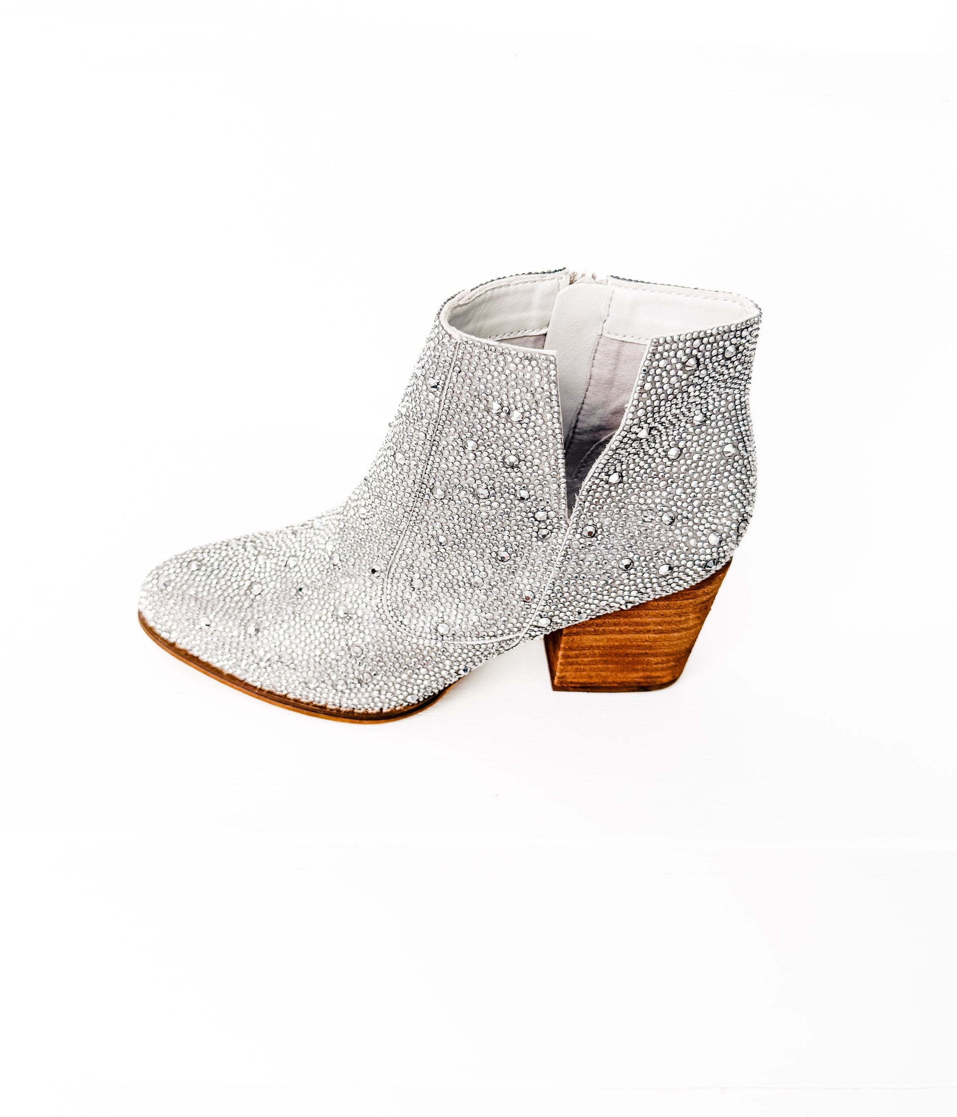 Silver Shine Star rhinestone beaded ankle bootie with wooden block heel