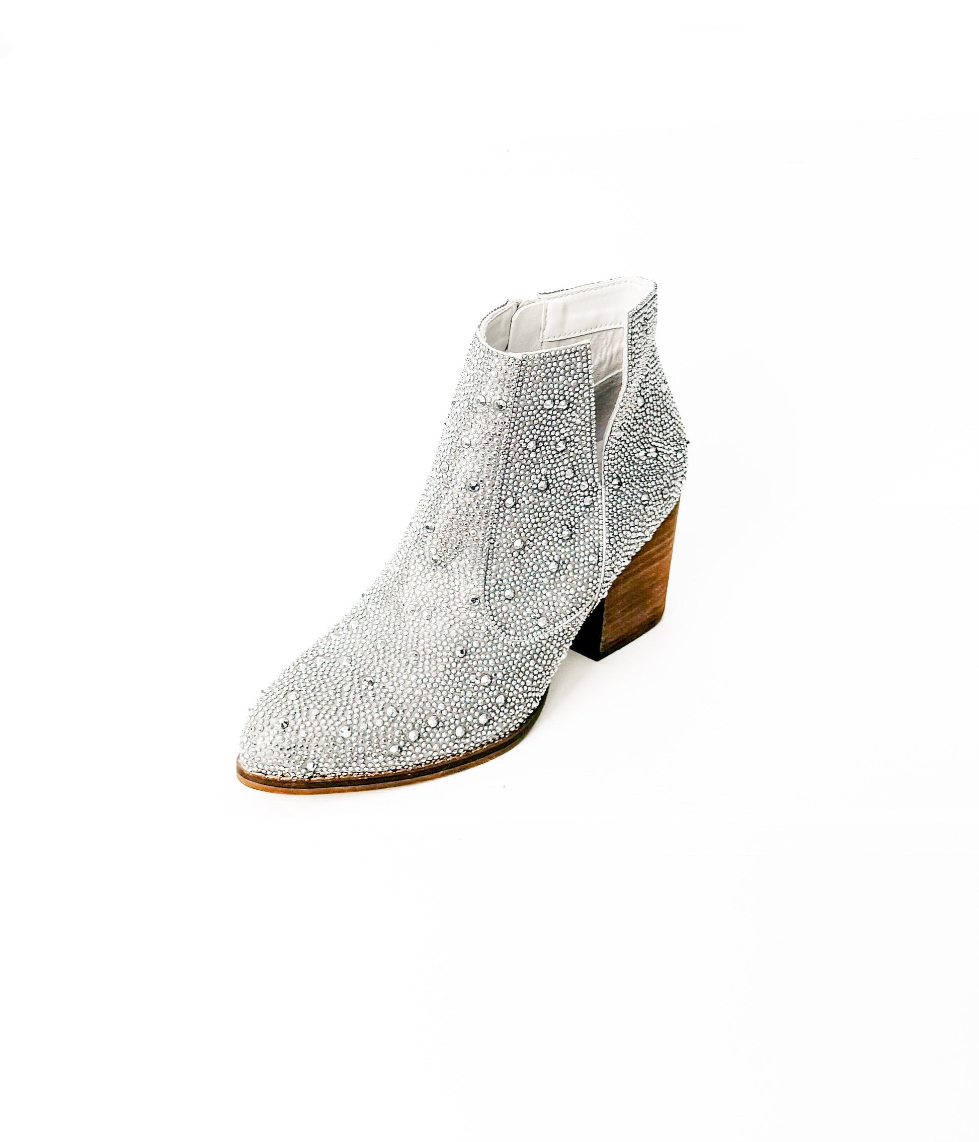 Shine Star silver rhinestone bootie with chunky wooden heel