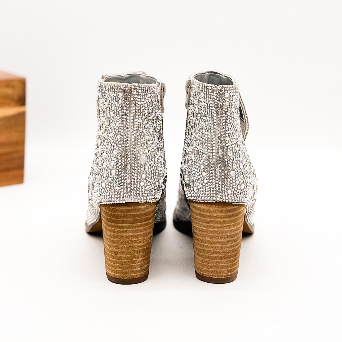 Silver Shine Star rhinestone ankle bootie with wooden heel