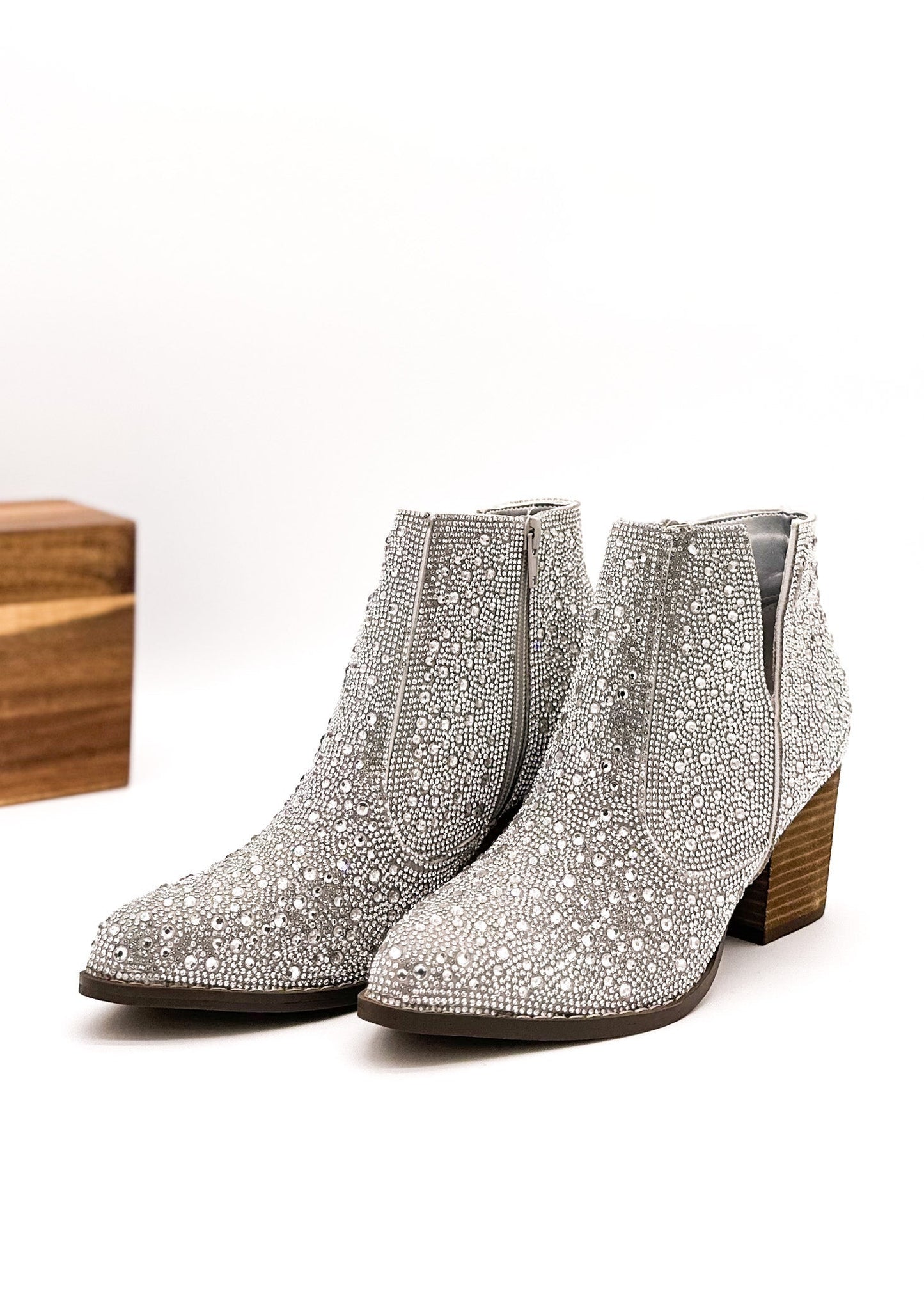 Silver Shine Star Rhinestone Bootie with sparkling rhinestones and wooden block heel
