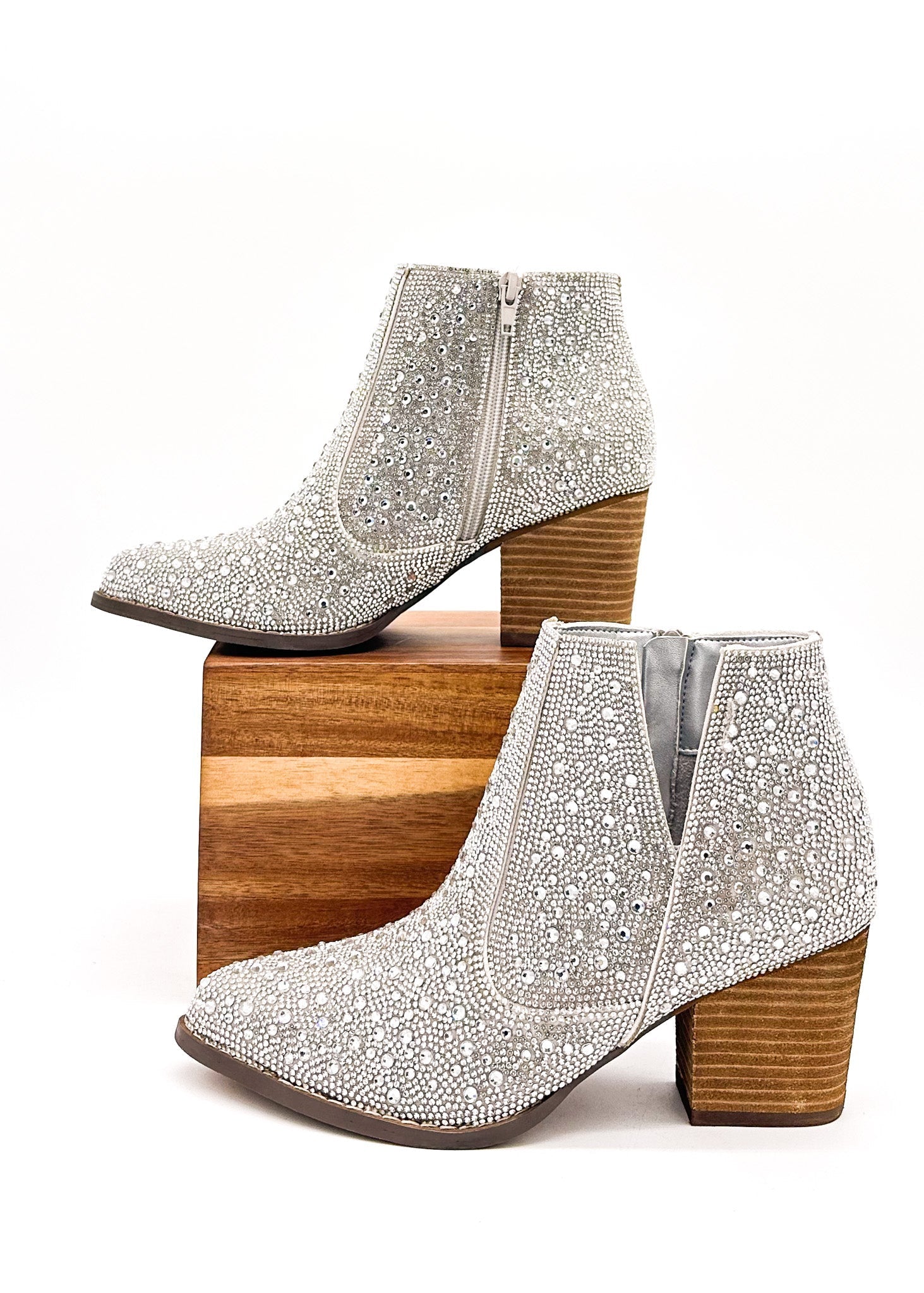 Silver Shine Star rhinestone booties with wooden block heel