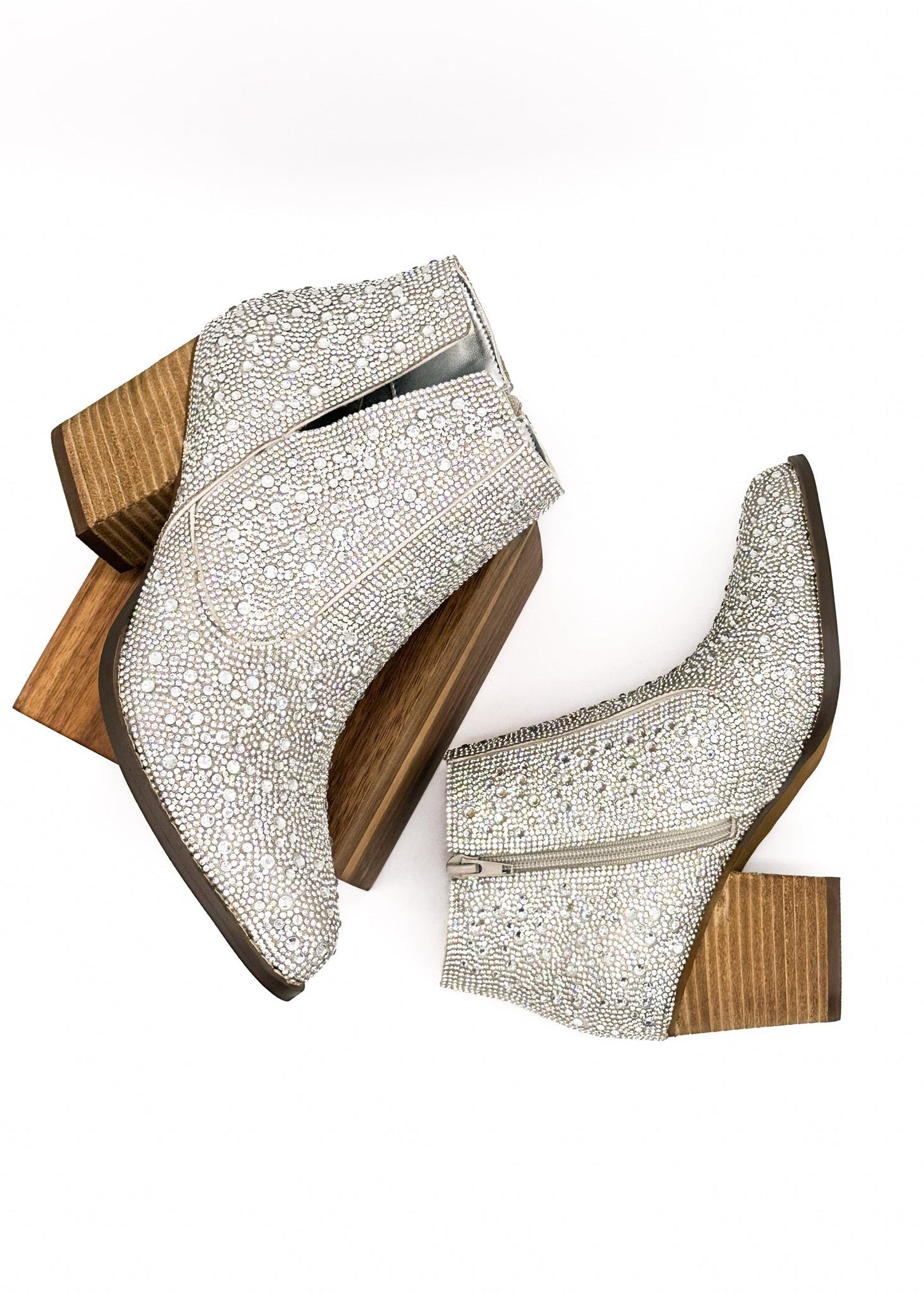 Silver Shine Star rhinestone ankle booties with wooden block heel