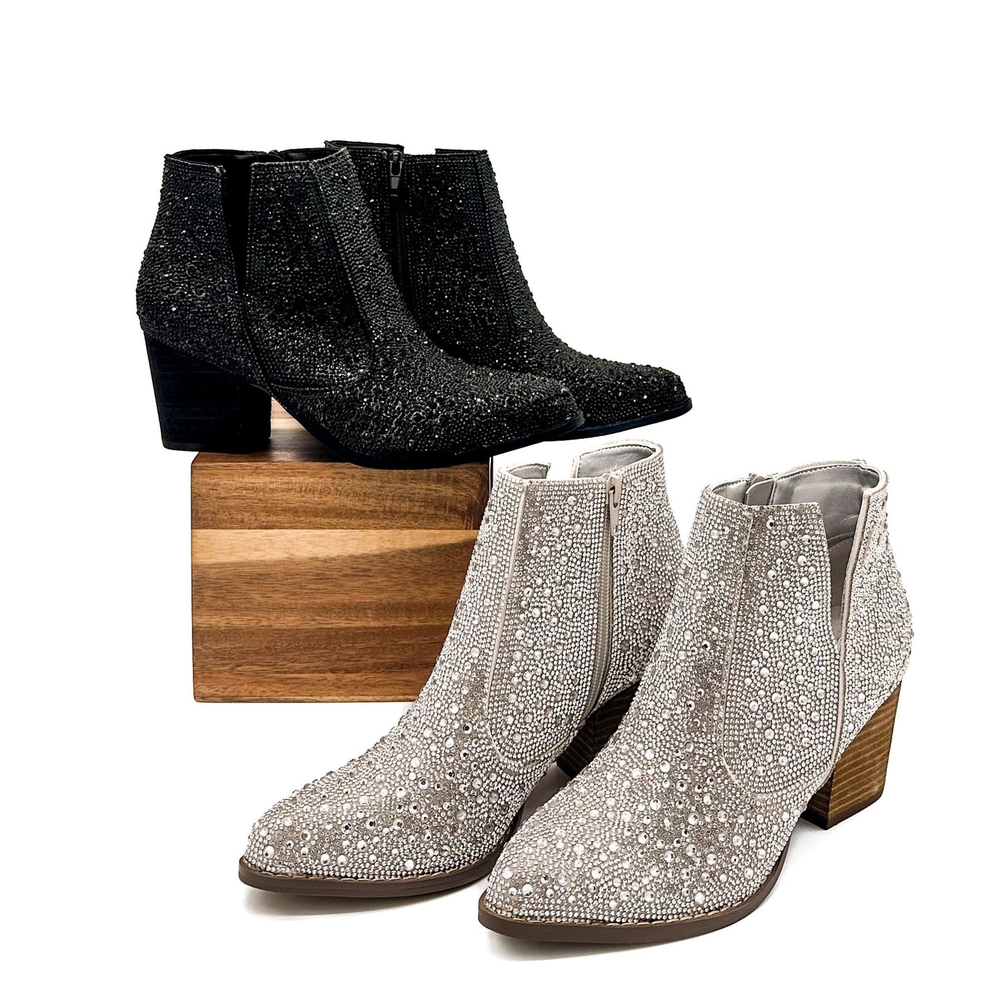 Sparkling silver and black Shine Star Rhinestone Bootie with chunky heels