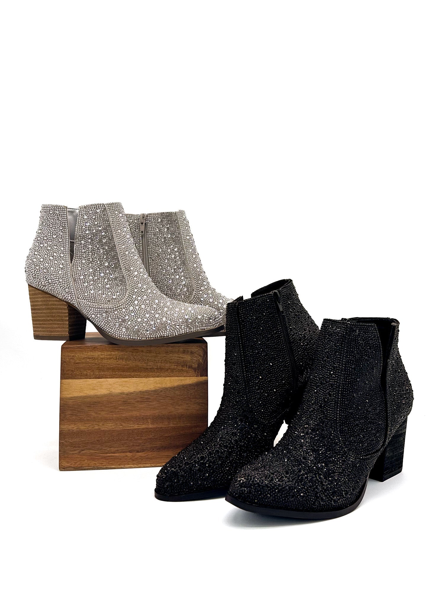 Shine Star Rhinestone Bootie: silver black glitter ankle boots with block heels