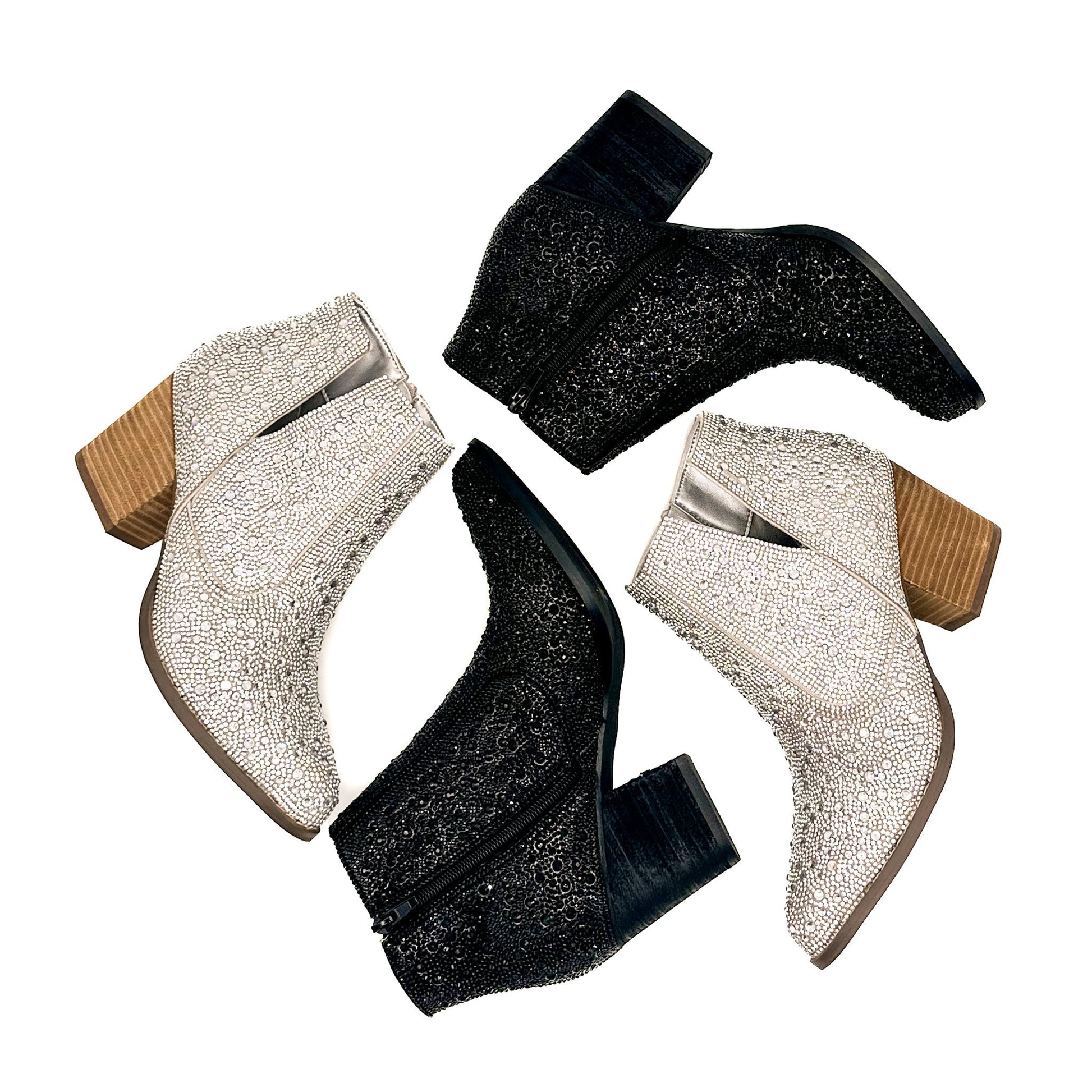 Silver shine star rhinestone booties with black glitter and wooden heels