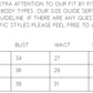 Size guide chart for clothing with bust, waist, and hip measurements.