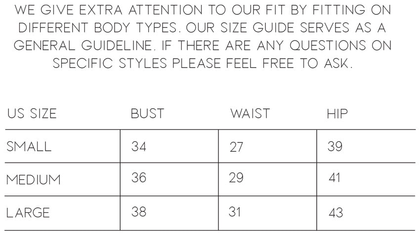 Size guide chart for clothing with bust, waist, and hip measurements.