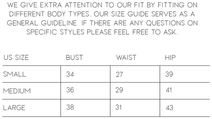 Size guide chart for clothing with bust, waist, and hip measurements.