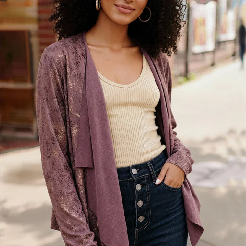 Mauve lace front button cardigan with ribbed knit top, Plum Luxe Suede
