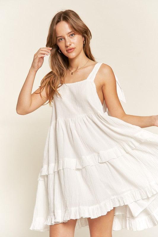 Square neck ruffle dress WHITE