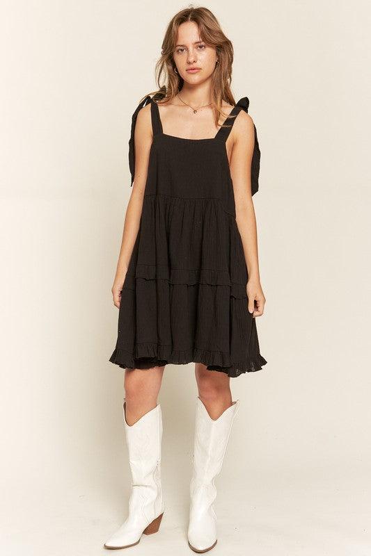 Square neck ruffle dress BLACK