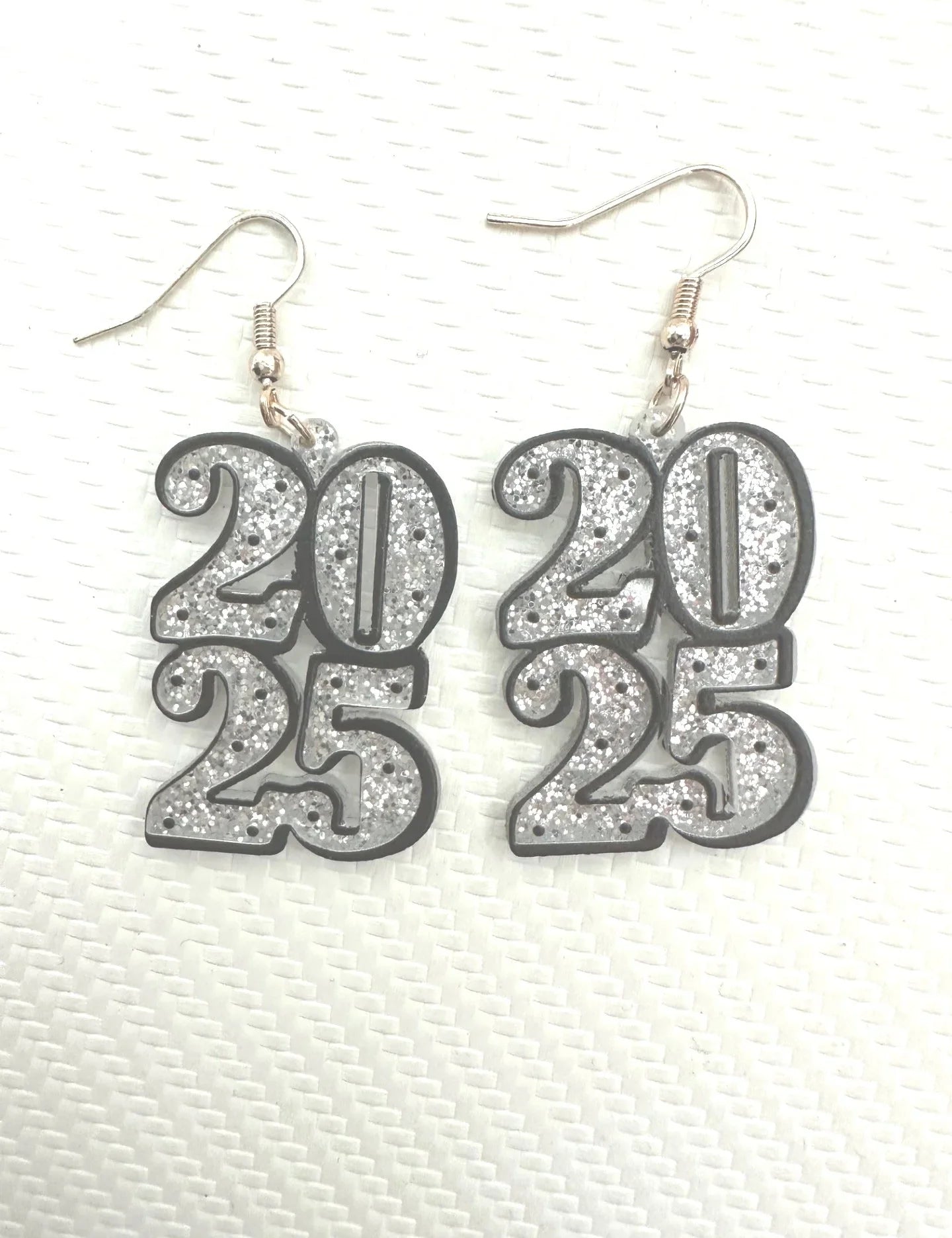 New Year's 2025 Silver Glitter Dangle Earrings | Daverri Fashions