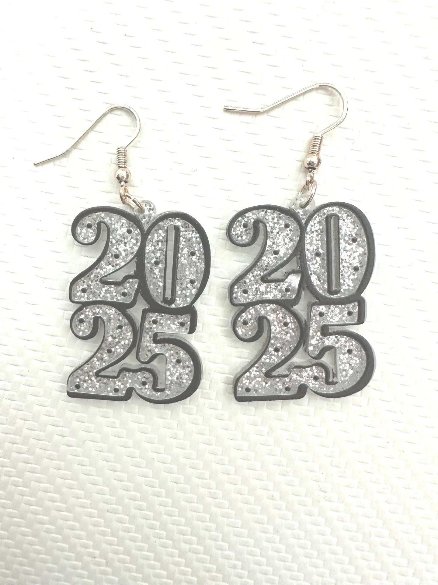 New Year's 2025 Silver Glitter Dangle Earrings | Daverri Fashions